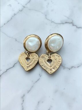 Chico's Gold and Cream Heart Earrings Clip On